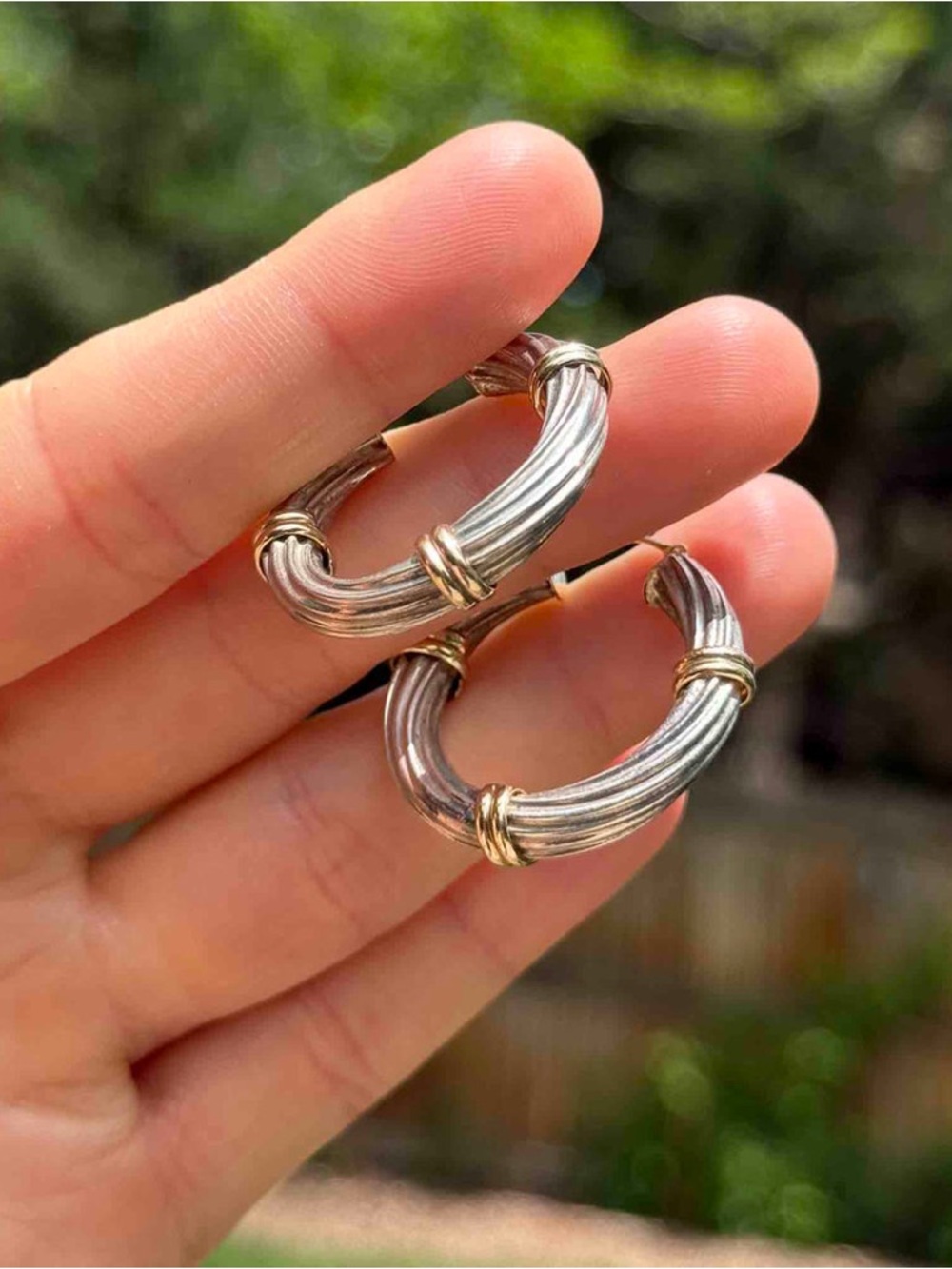 Vintage Mazza Bartholomew Silver 14K Gold Hoop Earrings - Picture 2 of 3